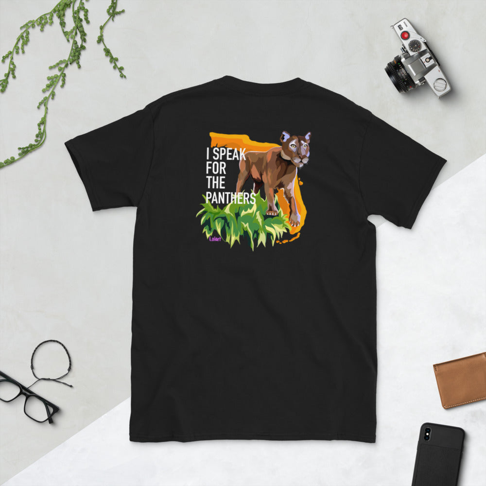 fStop's Short-Sleeve Unisex T-Shirt with logo in front and "I Speak for the Panther" on back.