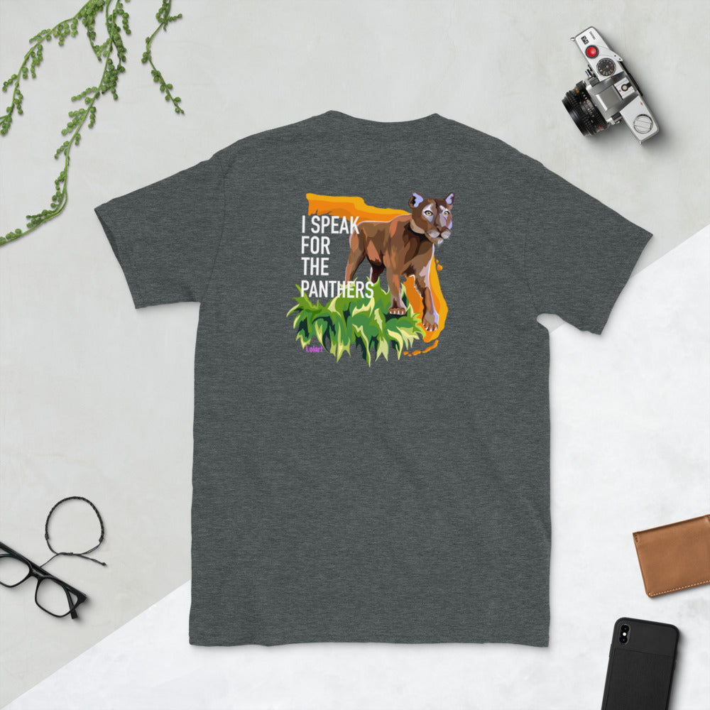 fStop's Short-Sleeve Unisex T-Shirt with logo in front and "I Speak for the Panther" on back.