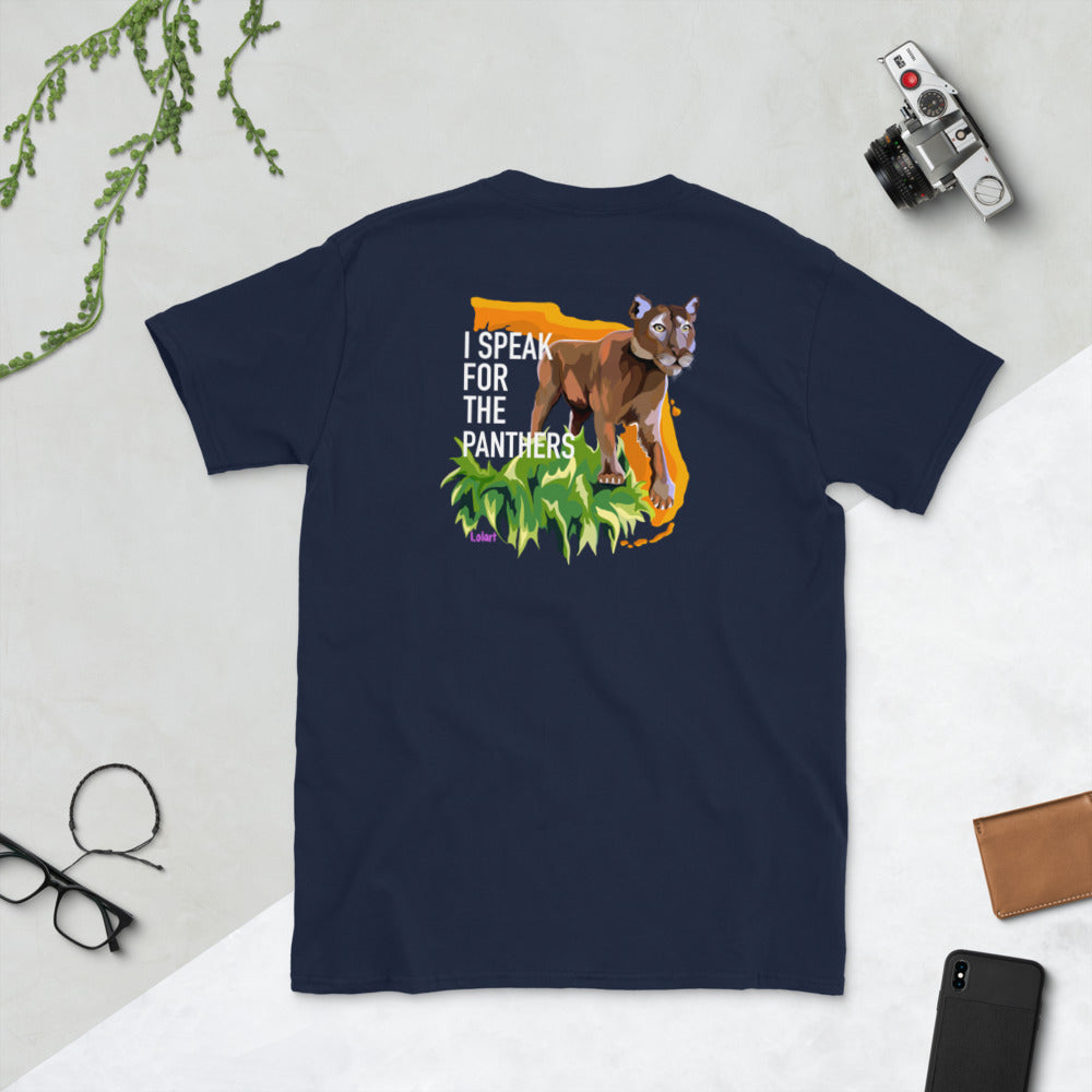 fStop's Short-Sleeve Unisex T-Shirt with logo in front and "I Speak for the Panther" on back.